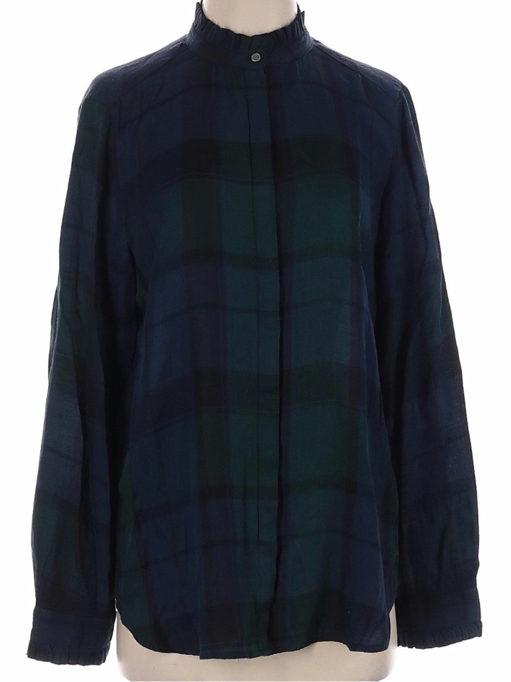 Ann Taylor Loft Plaid Green Navy Button Down Long Sleeve Top Size XS